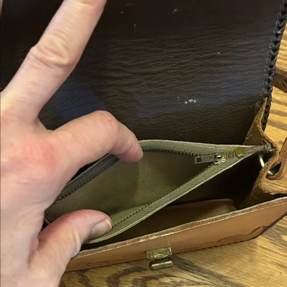 Handcrafted Leather Clutch Small Brown Floral Detail Adjustable Strap - Picture 4 of 9